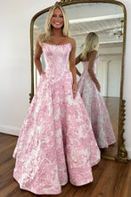 Load image into Gallery viewer, Stunning A Line Strapless Purple Floral Printed Long Prom Dress with Pearls