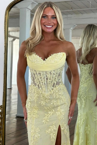 Charming Mermaid Sweetheart Yellow Corset Prom Dress with Appliques