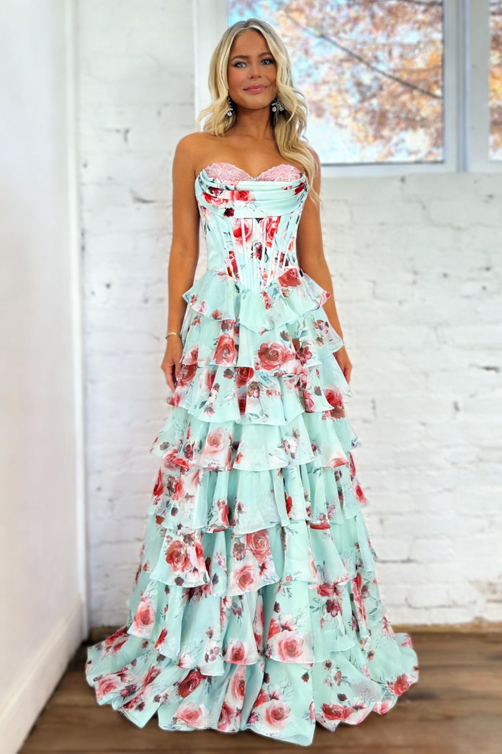 Sweety A Line Sweetheart Floral Print Mint Green Corset Prom Dress with Layered Skirt