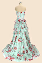 Load image into Gallery viewer, Sweety A Line Sweetheart Floral Print Mint Green Corset Prom Dress with Layered Skirt