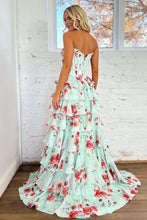 Load image into Gallery viewer, Sweety A Line Sweetheart Floral Print Mint Green Corset Prom Dress with Layered Skirt