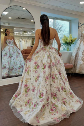 Romantic A Line Sweetheart Ivory Floral Ball Gown Prom Dress with Embroidered