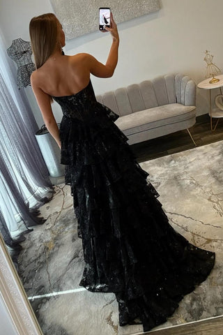 Gorgeous A Line Sweetheart Black Corset Prom Dress with Appliques Ruffles