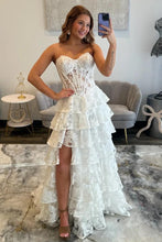 Load image into Gallery viewer, Gorgeous A Line Sweetheart Black Corset Prom Dress with Appliques Ruffles