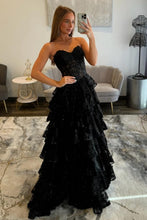 Load image into Gallery viewer, Gorgeous A Line Sweetheart Black Corset Prom Dress with Appliques Ruffles