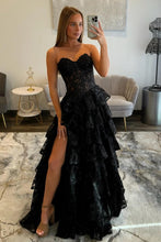 Load image into Gallery viewer, Gorgeous A Line Sweetheart Black Corset Prom Dress with Appliques Ruffles