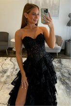 Load image into Gallery viewer, Gorgeous A Line Sweetheart Black Corset Prom Dress with Appliques Ruffles