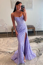 Load image into Gallery viewer, Romantic Lavender Mermaid Strapless Long Lace Prom Dress With Slit
