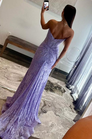Romantic Lavender Mermaid Strapless Long Lace Prom Dress With Slit