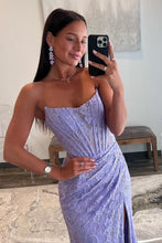 Load image into Gallery viewer, Romantic Lavender Mermaid Strapless Long Lace Prom Dress With Slit
