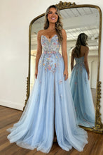 Load image into Gallery viewer, Romantic A Line Sweetheart Light Blue Tulle Prom Dress with Flowing Train