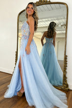 Load image into Gallery viewer, Romantic A Line Sweetheart Light Blue Tulle Prom Dress with Flowing Train