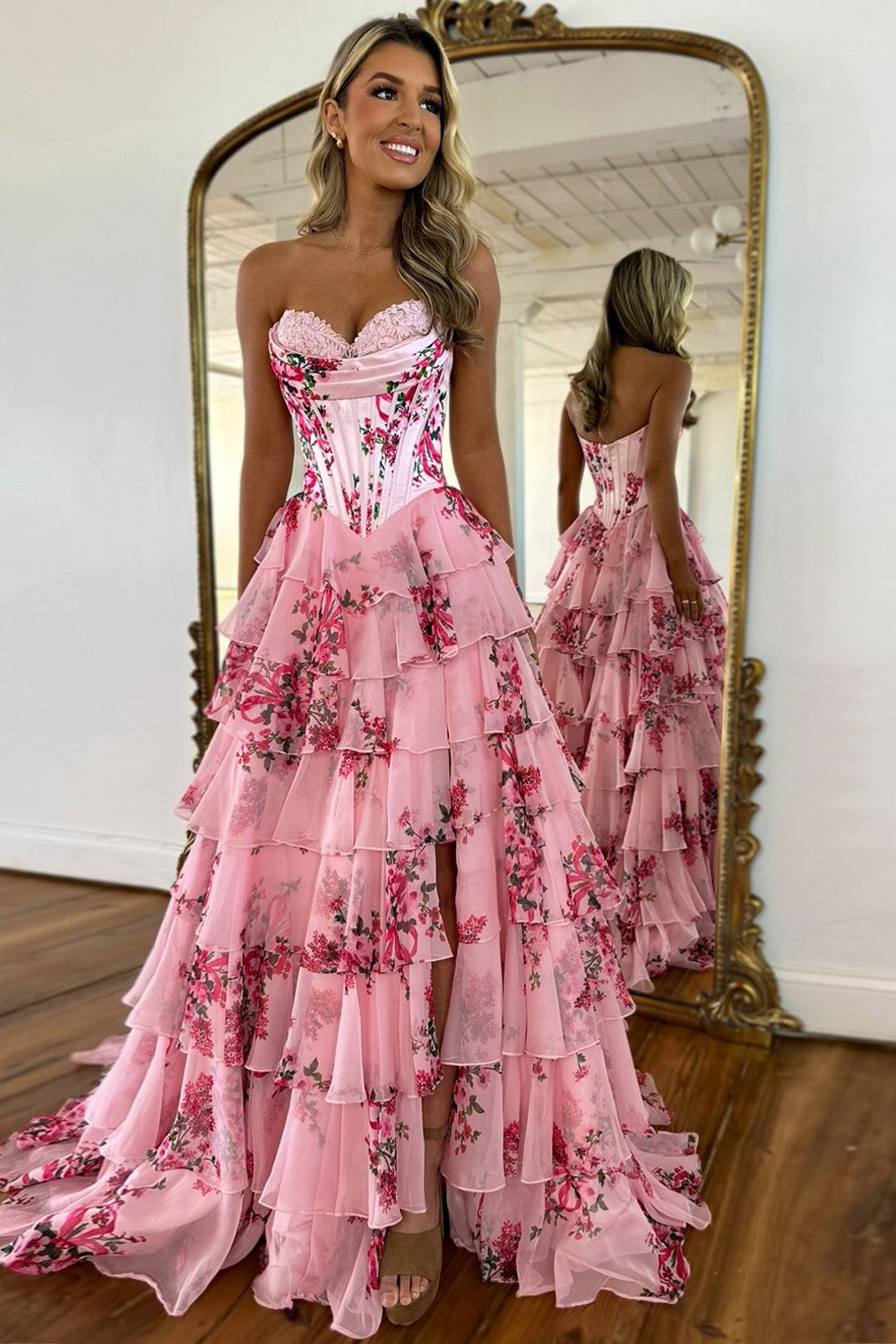 Luuvis Women Romantic Pink A-Line Sweetheart Long Print Tulle Prom Dress  with Slit