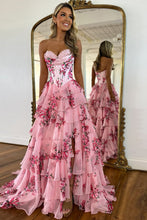 Load image into Gallery viewer, Stunning Pink A-Line Sweetheart Long Print Tiered Prom Dress with Leg Slit
