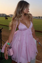 Load image into Gallery viewer, Romantic Pink Floral Bow Spaghetti Straps A-Line Mini Homecoming Dress