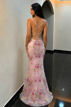 Load image into Gallery viewer, Stunning Mermaid Spaghetti Straps Pink Floral Embroidered Prom Dress with Lace Up Back
