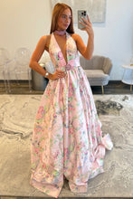 Load image into Gallery viewer, Charming A Line Halter Neck Pink Floral Printed Long Prom Dress with Beading
