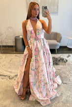 Load image into Gallery viewer, Charming A Line Halter Neck Pink Floral Printed Long Prom Dress with Beading