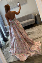 Load image into Gallery viewer, Charming A Line Halter Neck Pink Floral Printed Long Prom Dress with Beading