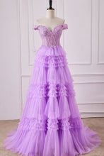 Load image into Gallery viewer, Romantic Purple A-Line Off The Shoulder Lace Top Long Tulle Prom Dress
