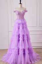 Load image into Gallery viewer, Romantic Purple A-Line Off The Shoulder Lace Top Long Tulle Prom Dress