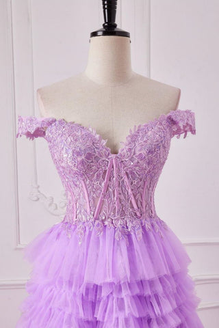 Romantic Purple A-Line Off The Shoulder Lace Top Long Tulle Prom Dress