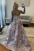Load image into Gallery viewer, Romantic A Line Strapless Purple Floral Printed Long Prom Dress with Bowknot