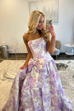Load image into Gallery viewer, Romantic A Line Strapless Purple Floral Printed Long Prom Dress with Bowknot