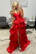 Load image into Gallery viewer, Stunning A Line Spaghetti Straps Red Long Prom Dress with Criss Cross Back