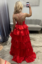 Load image into Gallery viewer, Stunning A Line Spaghetti Straps Red Long Prom Dress with Criss Cross Back