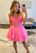 Load image into Gallery viewer, Pretty A Line Sweety Pink Corset Homecoming Dress with Appliques Beading