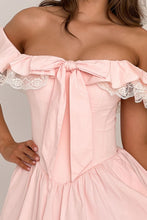 Load image into Gallery viewer, Romantic White Off-the-Shoulder Homecoming Dress with Bow Front and Lace Details