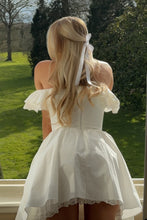 Load image into Gallery viewer, Romantic White Off-the-Shoulder Homecoming Dress with Bow Front and Lace Details