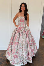 Load image into Gallery viewer, Romantic A Line Strapless Purple Floral Printed Long Prom Dress with Bowknot
