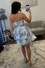 Load image into Gallery viewer, Pretty A Line Sweetheart Yellow Floral Printed Short Homecoming Dress with Ruffles