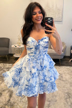Load image into Gallery viewer, Pretty A Line Sweetheart Yellow Floral Printed Short Homecoming Dress with Ruffles
