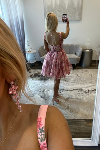 Gorgeous A Line Spaghetti Straps Pink Printed Short Homecoming Dress