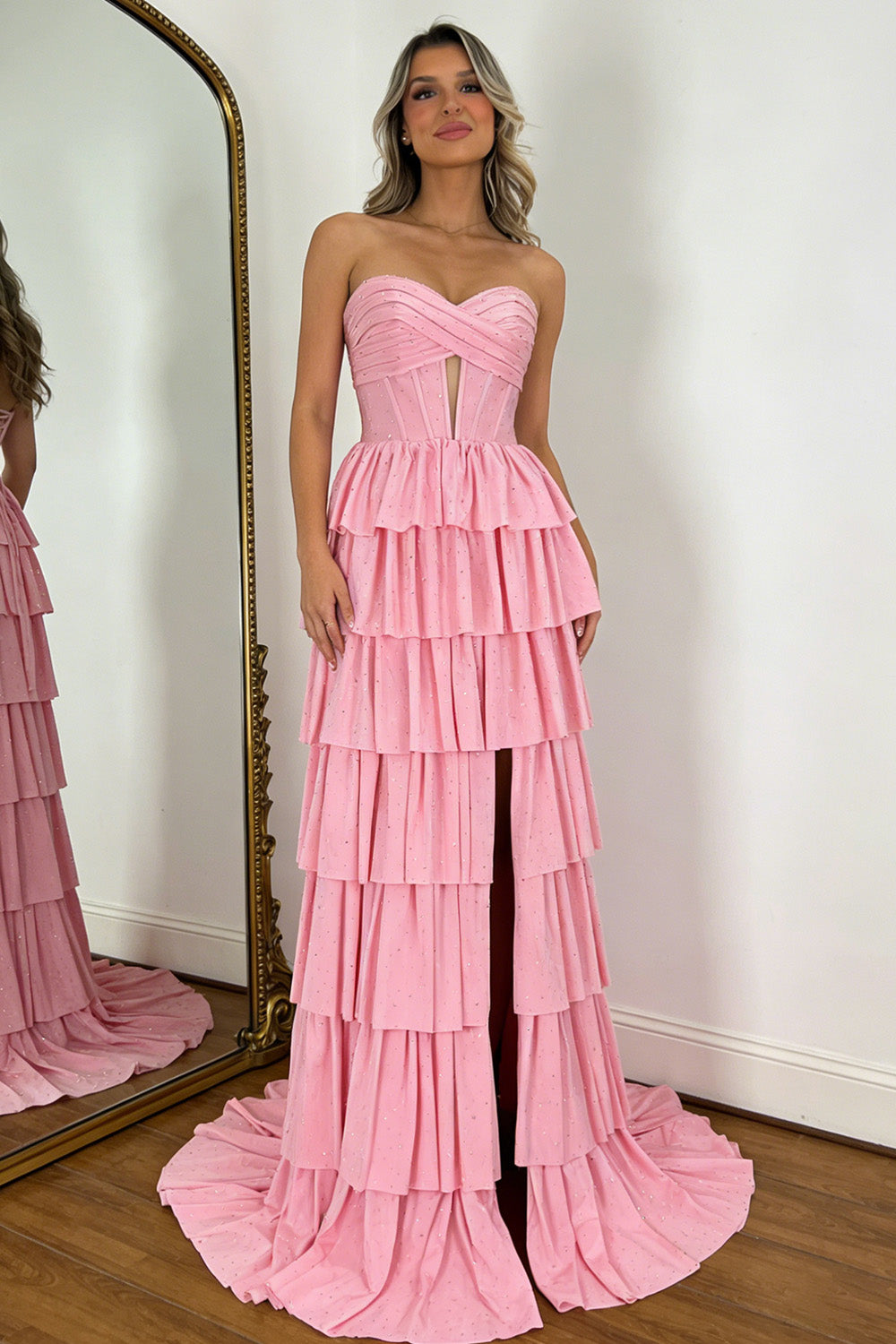 Charming A Line Sweetheart Pink Glitter Corset Prom Dress with High Slit and Ruffles