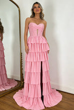 Load image into Gallery viewer, Charming A Line Sweetheart Pink Glitter Corset Prom Dress with High Slit and Ruffles