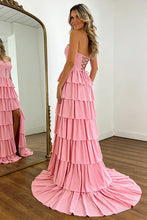 Load image into Gallery viewer, Charming A Line Sweetheart Pink Glitter Corset Prom Dress with High Slit and Ruffles