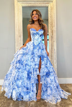 Load image into Gallery viewer, Romantic Pink A-Line Sweetheart Long Print Tulle Prom Dress with Slit
