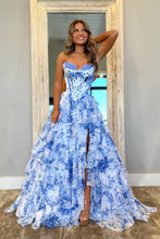 Load image into Gallery viewer, Romantic Pink A-Line Sweetheart Long Print Tulle Prom Dress with Slit
