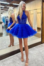 Load image into Gallery viewer, Royal Blue A-Line Halter Short Tulle Homecoming Dress With Appliques
