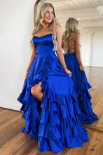 Load image into Gallery viewer, Royal Blue Satin A-Line Lace Up Spaghetti Straps Long Prom Dress With Split
