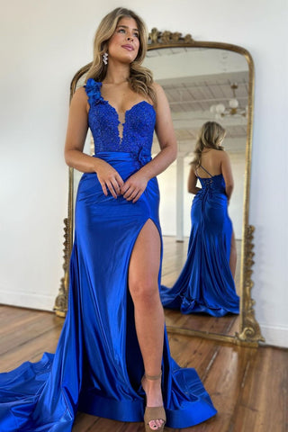 Royal Blue Mermaid One Shoulder Lace Up Long Satin Prom Dress With Split
