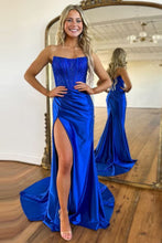 Load image into Gallery viewer, Royal Blue Mermaid Strapless Beaded Top Long Satin Prom Dress

