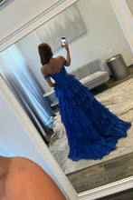 Load image into Gallery viewer, Royal Blue Off Shoulder Sweetheart Prom Dress with Beaded Illusion Bodice and Layered Ruffle Slit Skirt

