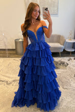 Load image into Gallery viewer, Royal Blue Off Shoulder Sweetheart Prom Dress with Beaded Illusion Bodice and Layered Ruffle Slit Skirt
