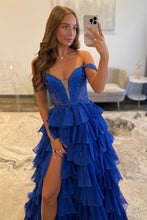 Load image into Gallery viewer, Royal Blue Off Shoulder Sweetheart Prom Dress with Beaded Illusion Bodice and Layered Ruffle Slit Skirt
