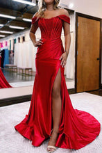 Load image into Gallery viewer, Mermaid Off The Shoulder Sweep Train Long Satin Prom Dress With Slit